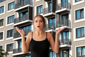 Donna con braccia alzate, preoccupata, condominio alle sue spalle con balconi