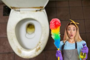 wc sporco e pieno di macchie gialle e donna delle pulizie sorpresa