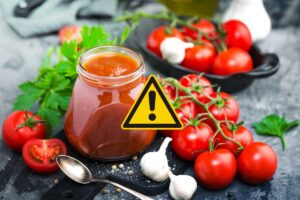 una passata di pomodoro poggiata sul tavolo vicino a dei pomodori e in primo piano un segnale di pericolo
