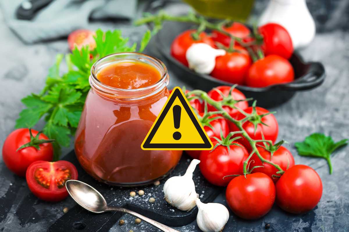 una passata di pomodoro poggiata sul tavolo vicino a dei pomodori e in primo piano un segnale di pericolo