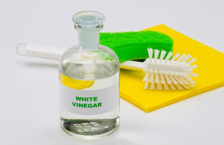 l'aceto bianco con prodotti di pulizia vicino