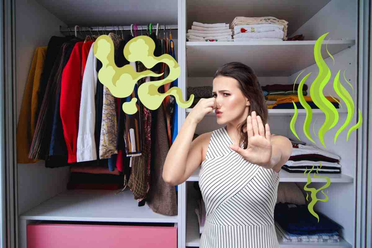 Armadi aperti e donna col naso tappato