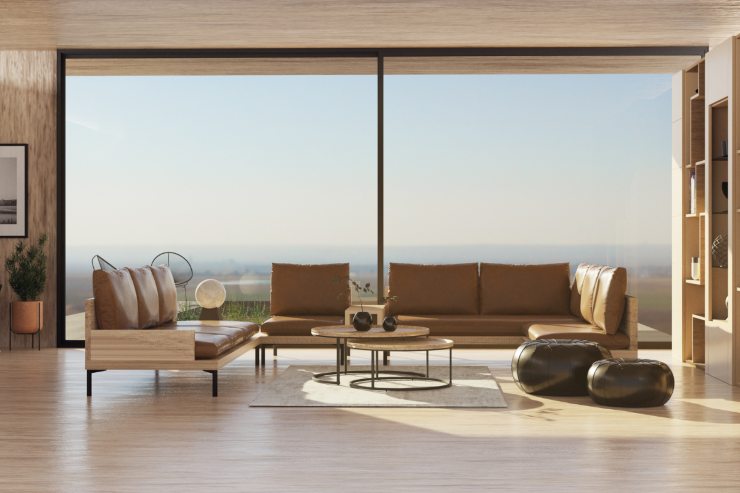 salone con vetrate con vetro opaco e senza tende