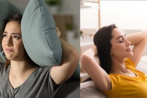 a sinistra una donna che si tappa le orecchie con dei cuscini per il rumore, a destra una persona serena seduta sul divano