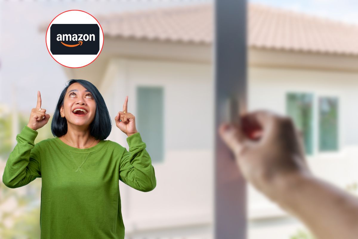 donna che apre zanzariera, un'altra sorpresa e logo amazon