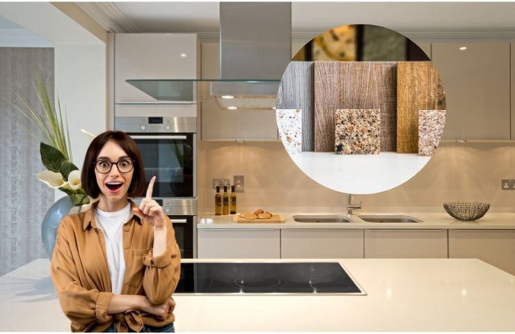 una cucina ed una ragazza ha avuto un'idea e le varie ante dentro una cornice