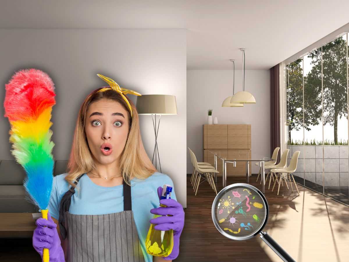 soggiorno di casa, donna sorpresa e lente d'ingrandimento con batteri