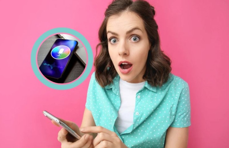 donna con il cellulare in mano e nel riquadro un cellulare con l'icona del microfono