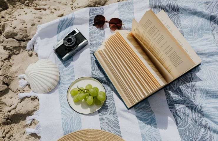 asciugamano da mare sulla sabbia con libro, occhiali e frutta