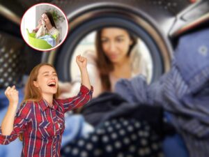 donna con mani in lavatrice, un'altra che esulta e un'altra che odora bucato