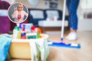 donna che pulisce con kit in evidenza e donna matura che rimprovera in icona