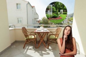 un terrazzo arredato e una persona dubbiosa dentro al cerchio un giardino