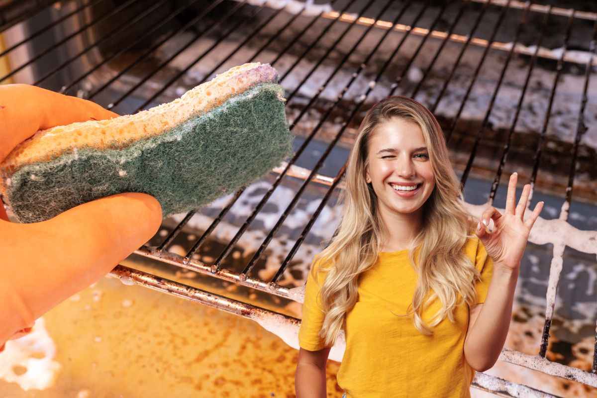 pulizia griglia forno e donna che fa ok 