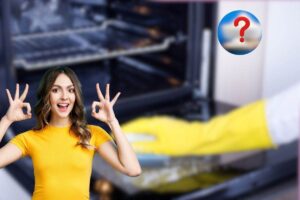 donna che pulisce forno, un'altra che fa ok con le mani e punto interrogativo su bicarbonato sfocato