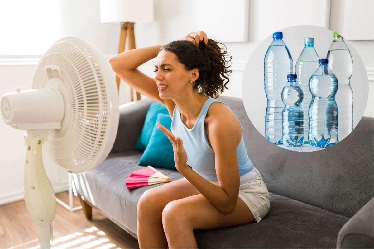 una persona davanti al ventilatore e nel riquadro le bottiglie